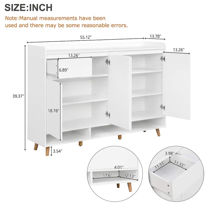 Modern Shoe Storage Cabinet with Adjustable Shelves and Drawer, Solid Wood Legs, Entryway Organizer Sideboard 55" Wide