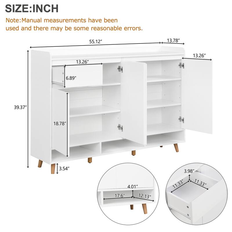 Sleek Contemporary Shoe Cabinet with Adjustable Shelves and Solid Wood Legs - 55.1" W × 13.8" D × 39.4" H