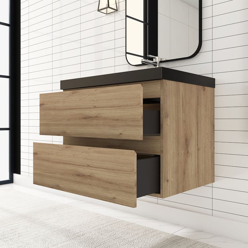 24/30/36 inch Wall-Mounted Bathroom Vanity Set in F. Oak with Integrated Black Resin Sink