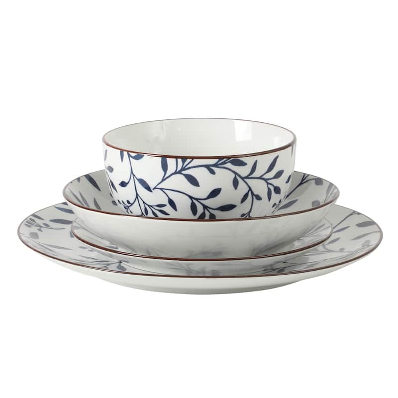 Gibson Home Palace Suite 16-Piece Dinnerware Set, Blue Floral Stoneware Plates & Bowls, Service for 4