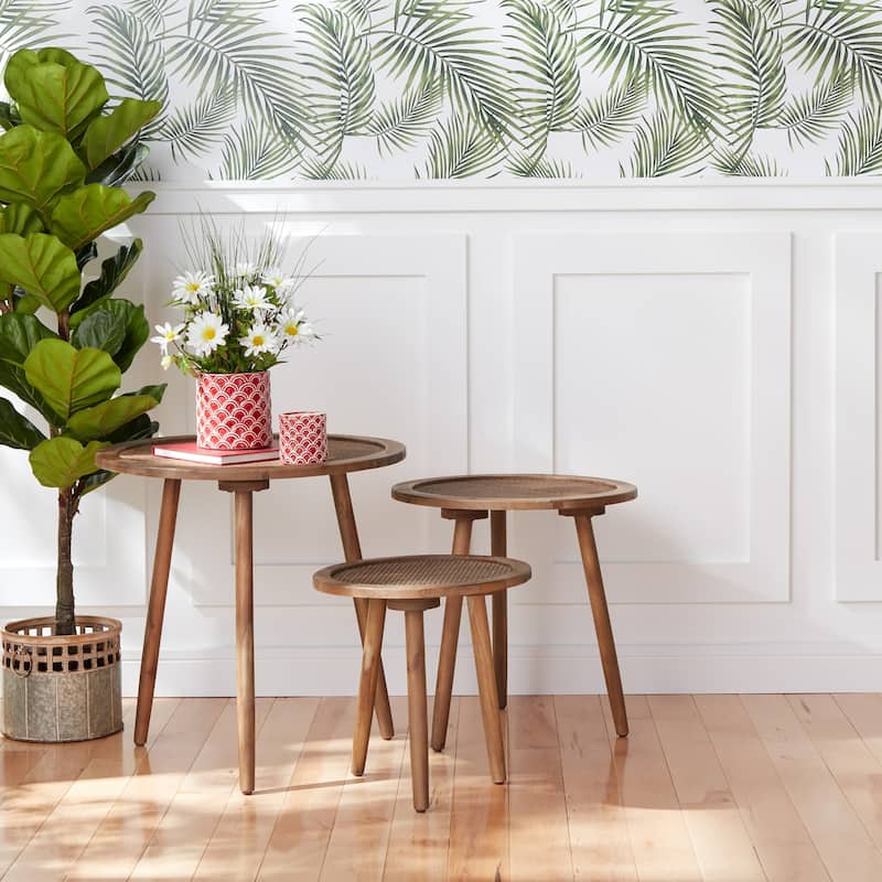 Round Rattan Top Accent End Tables - 24" - Set of 3