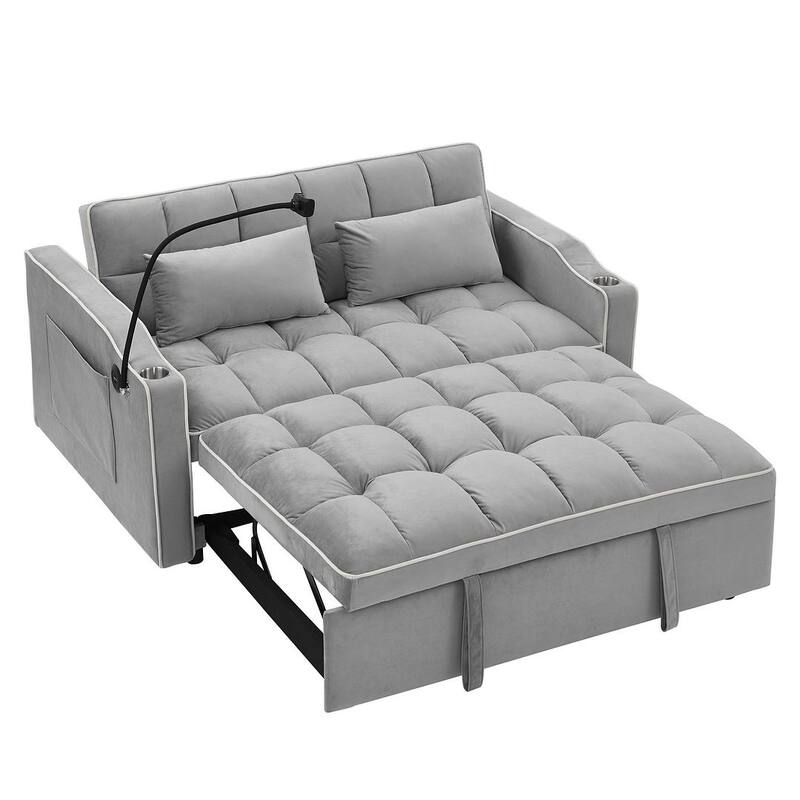 55.51'' Modern Versatile Foldable Sofa Bed With Adjustable Back and USB Port and Ashtray and Swivel Phone Stand