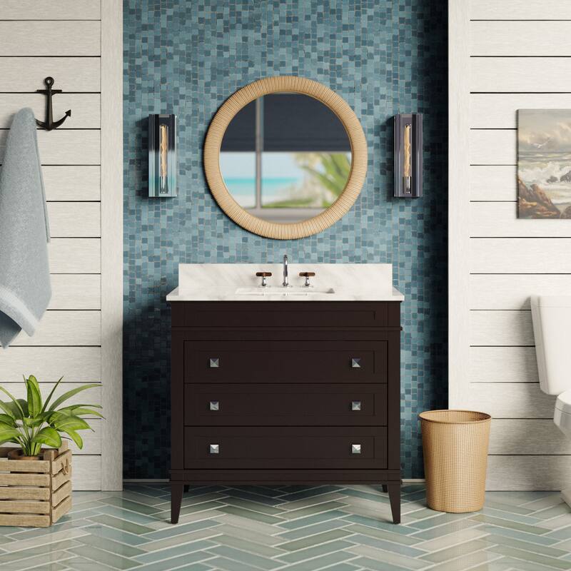 KitchenBathCollection Eleanor 36" Bathroom Vanity with Carrara Marble Top - Chocolate
