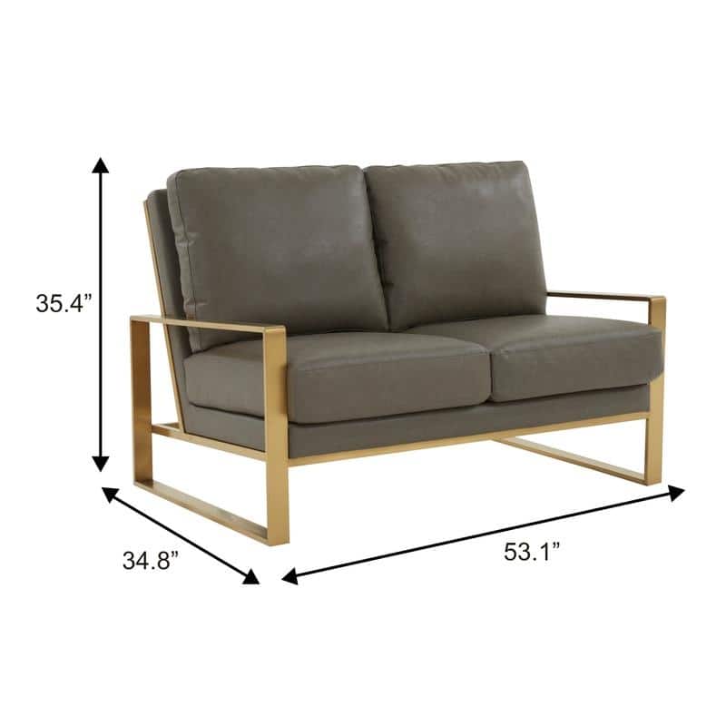 Jefferson Modern Leather Loveseat Gold with Gold Metal Base, Cushion Seating, Pocket Springs, and Protective Floor Pads - 53.1