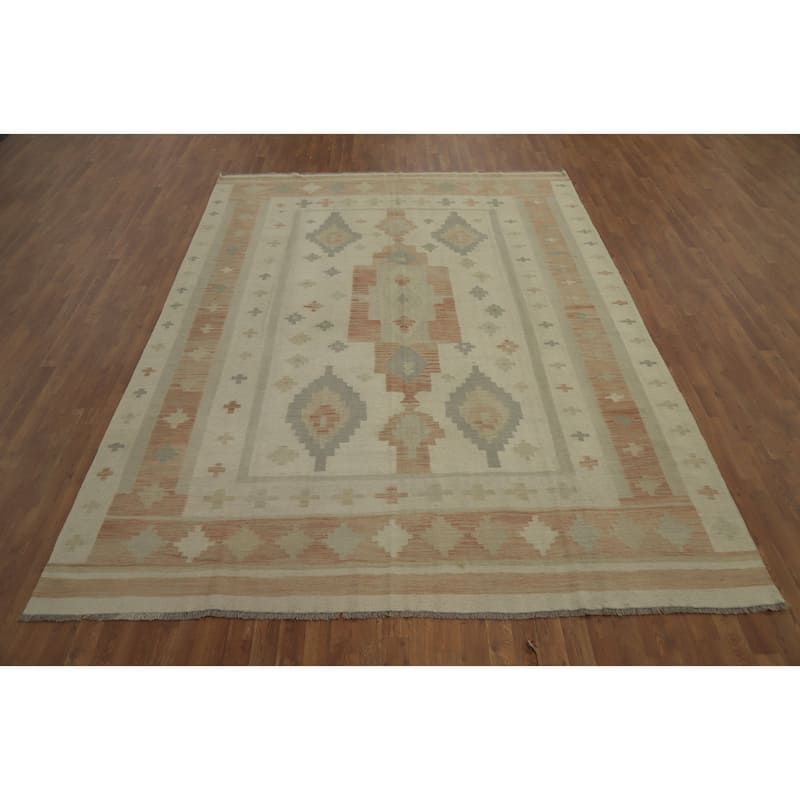 Hand Woven Oriental 100% Wool Carpet Southwestern Tribal Beige & Ivories Kilim Area Rug - 11' 4'' X 8' 4''