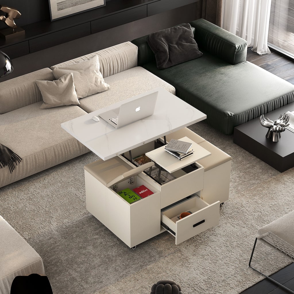 Roomfitters Dual Lift Top Coffee Table with 4 Storage Ottomans, Space Saving Convertible Dining Desk & Drawer