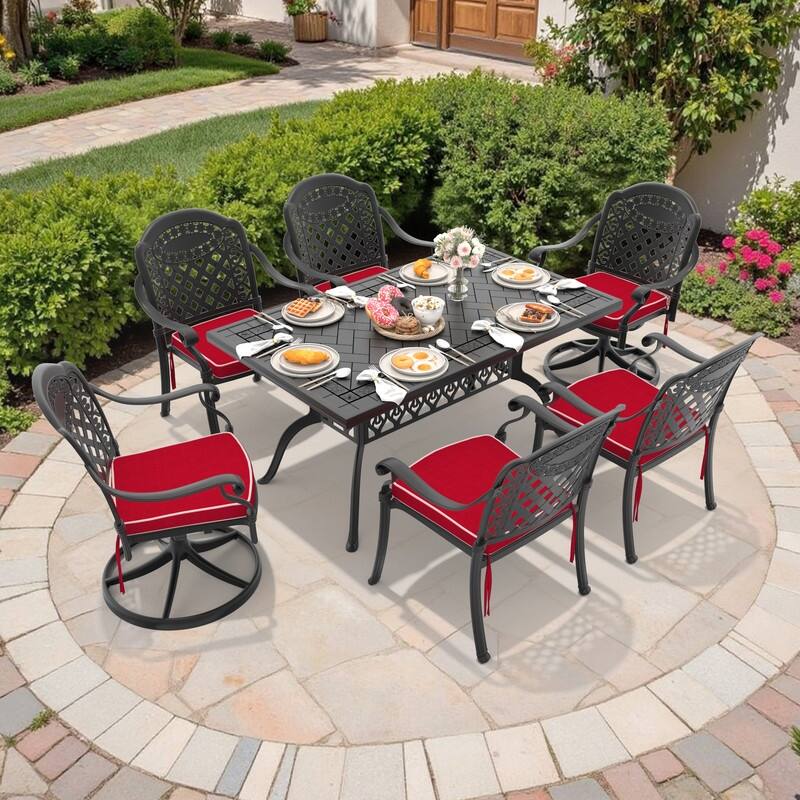 7-Piece Outdoor Dining Set with 1 Table and 6 Chairs, All-Weather Aluminum Outdoor Patio Sets - Black