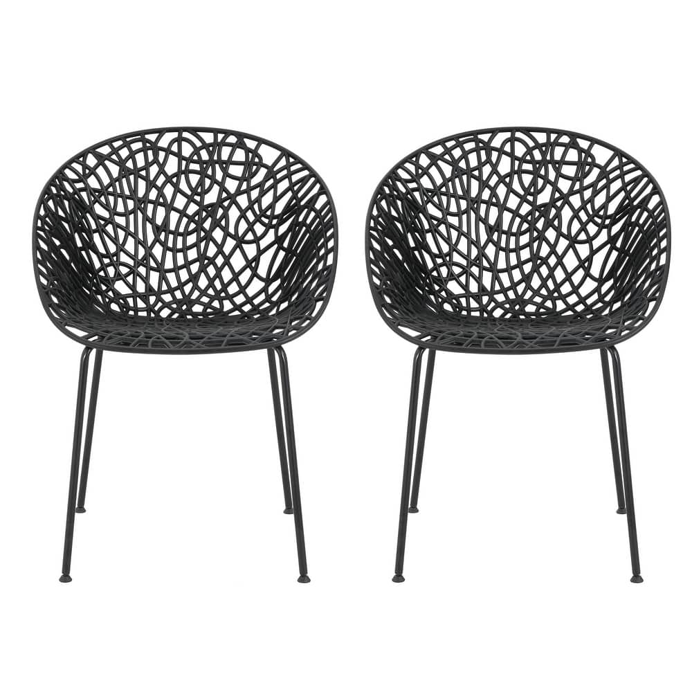 Roomfitters Neiman Outdoor Plastic Dining Chairs with Iron Legs, Modern Diamond Pattern, Set of 2