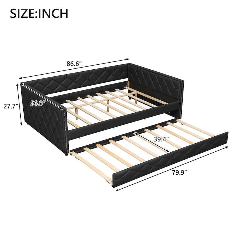 Full XL Upholstered Daybed with Trundle and LED Armrests, PU Leather Sofa Bed with Pull-Out Guest Bed