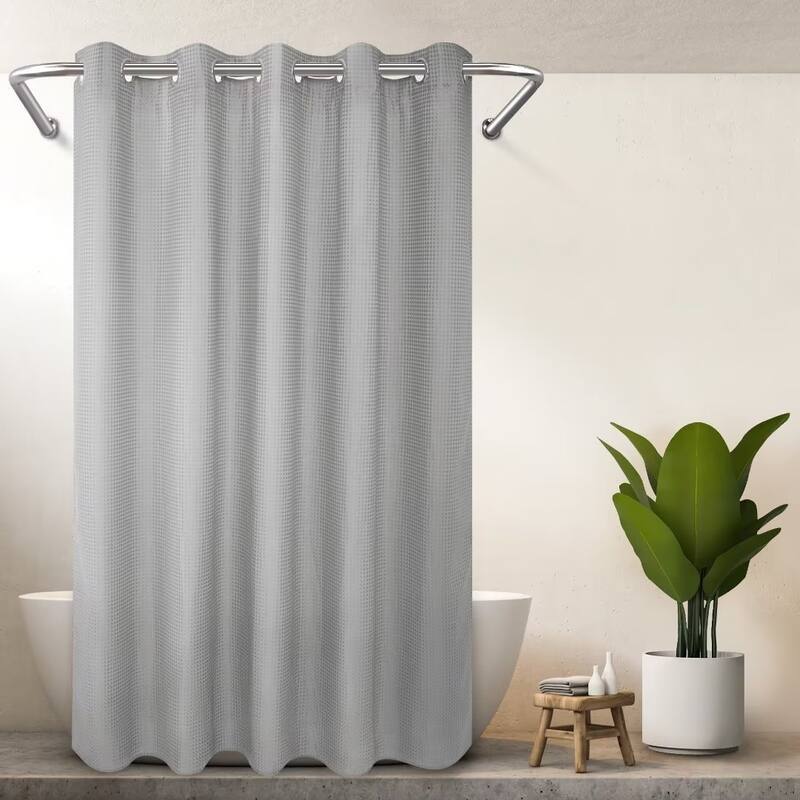 No Hook Cotton Blend Waffle Shower Curtain with Snap-in Liner