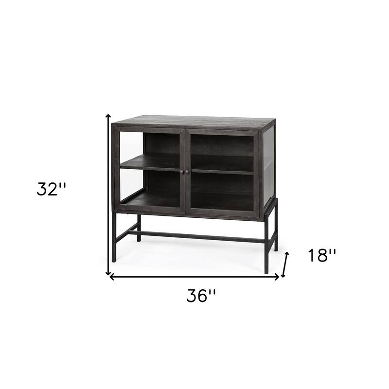 HomeRoots 36" Brown and Black Solid Wood and Metal Display Cabinet With Two Doors