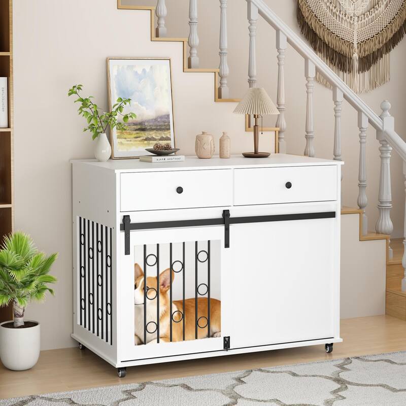 39.37'' Wooden Dog Crate Furniture with 2 Drawers, Sliding Barn Door, Lockable Wheels