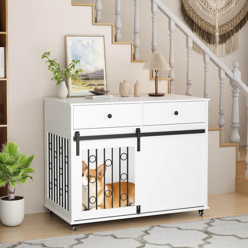 Wooden Dog Crate with Lockable Wheels, 2 Drawers & Sliding Barn Door, Decorative Pet Kennel End Table for Small to Medium Dogs