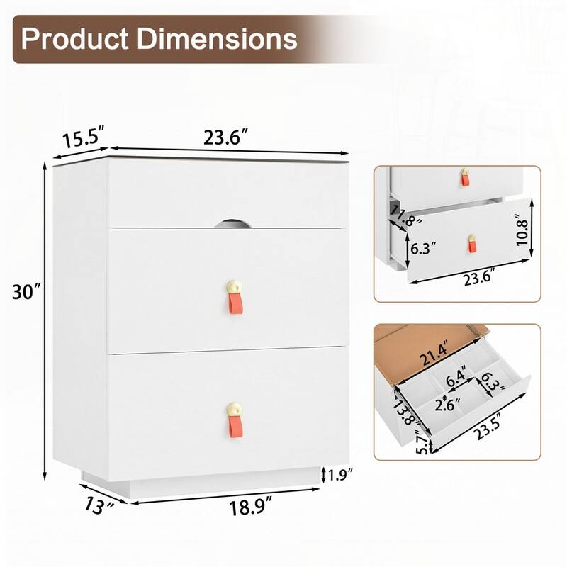3 Storage Drawers Nightstand with Glass Top Jewelry Storage and Faux Leather Handles