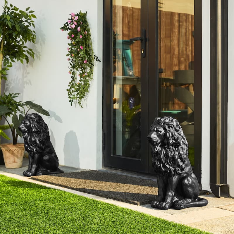 Glitzhome Set of 2 MGO Majestic Sitting Guardian Lion Statues Porch Sculpture Outdoor Indoor - 21" H Black