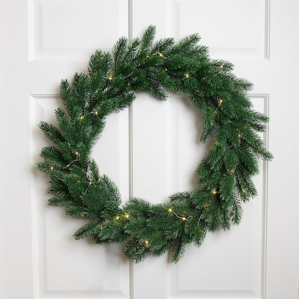 Pre-Lit Battery Operated Lush Pine Artificial Christmas Wreath - 24" - Clear Lights