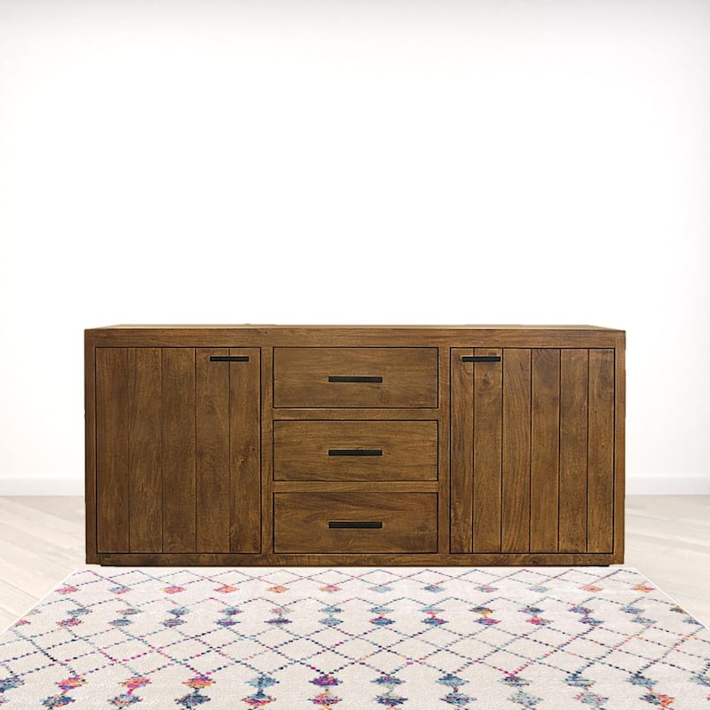 HomeRoots 71" Chestnut Distressed Solid Wood Three Drawer Sideboard with Two Doors - 71.00 in. x 33.00 in. x 19.00 in. - 71.00 in. x 33.00 in. x 19.00 in.
