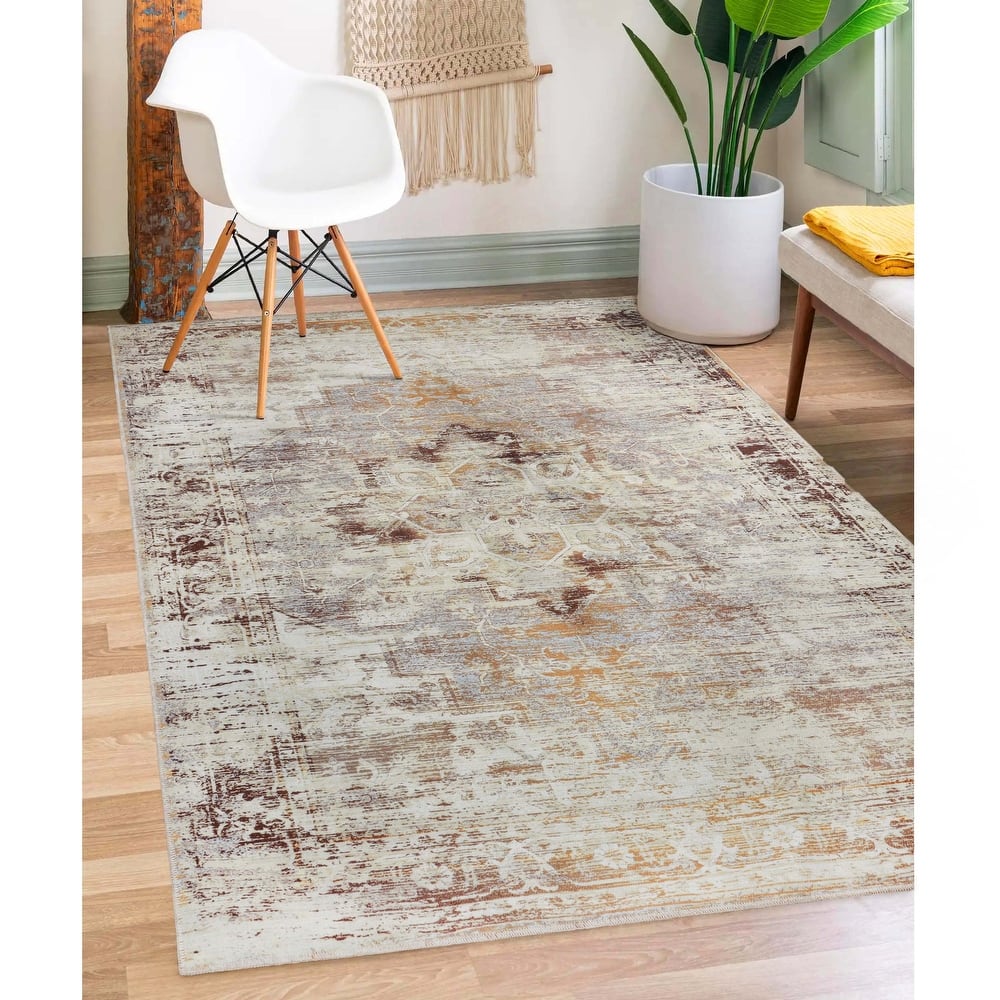 Superior Dove Geometric Washable Indoor Area Rug