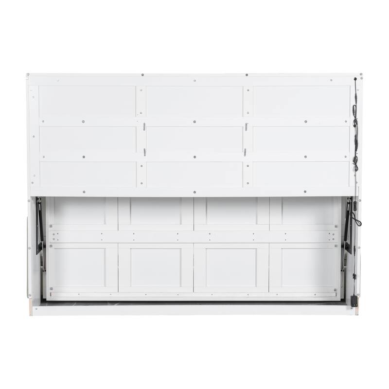 Murphy Bed Wood Cabinet Bed with Folding Sofa, Hideaway Wall Bedframe with Built-in Storage Shelves and LED Lights