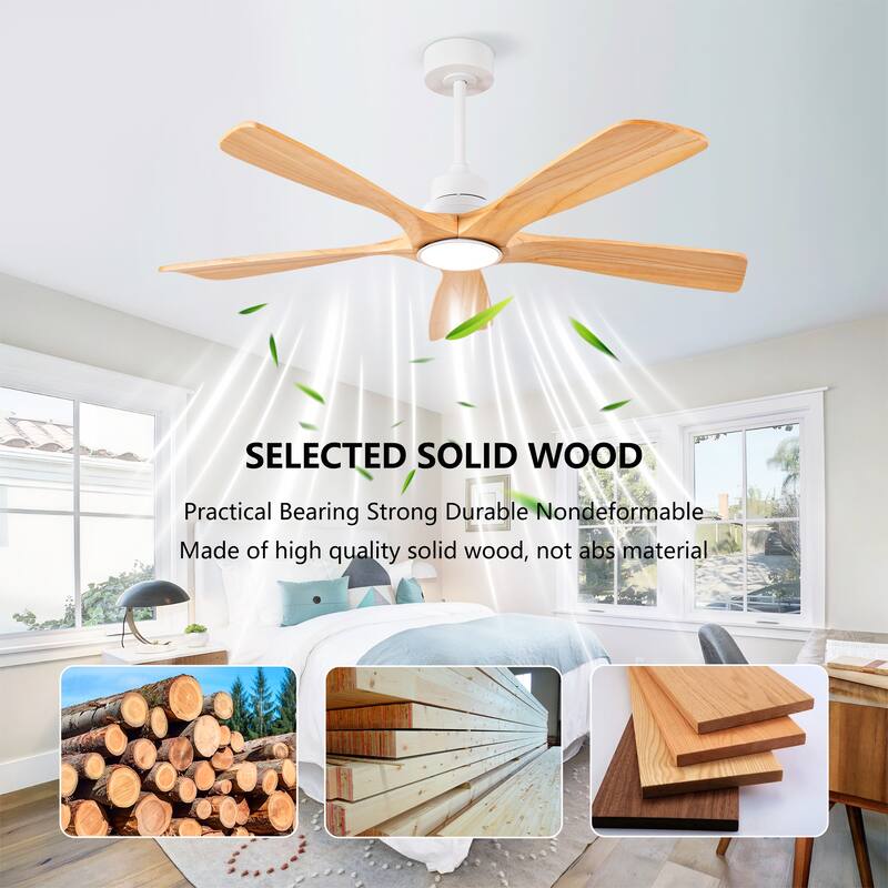 52 Inch Indoor Ceiling Fans With Lights and Remote Control, Dimmable LED, 5 Solid Wood Blades,Reversible DC Motor