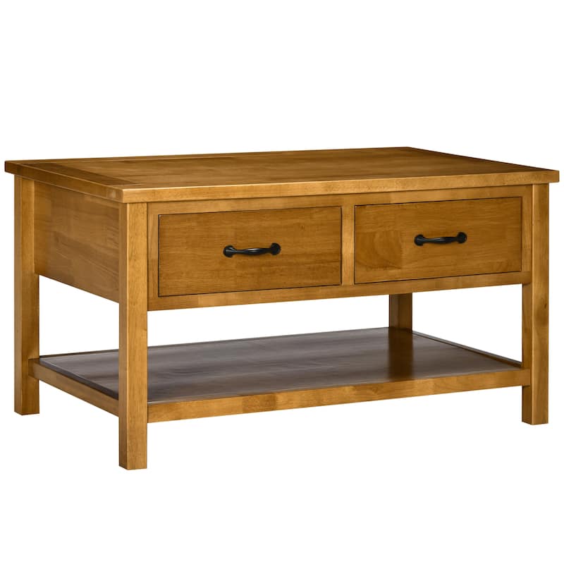 HOMCOM Rustic Coffee Table, Wood Cocktail Table with Drawers and Open Shelf for Living Room, Natural