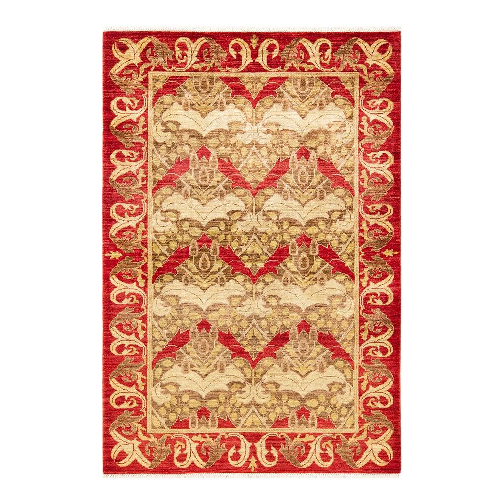 Overton Hand Knotted Wool Vintage Inspired Modern Contemporary Arts & Crafts Green Area Rug - 4' 1" x 6' 0"