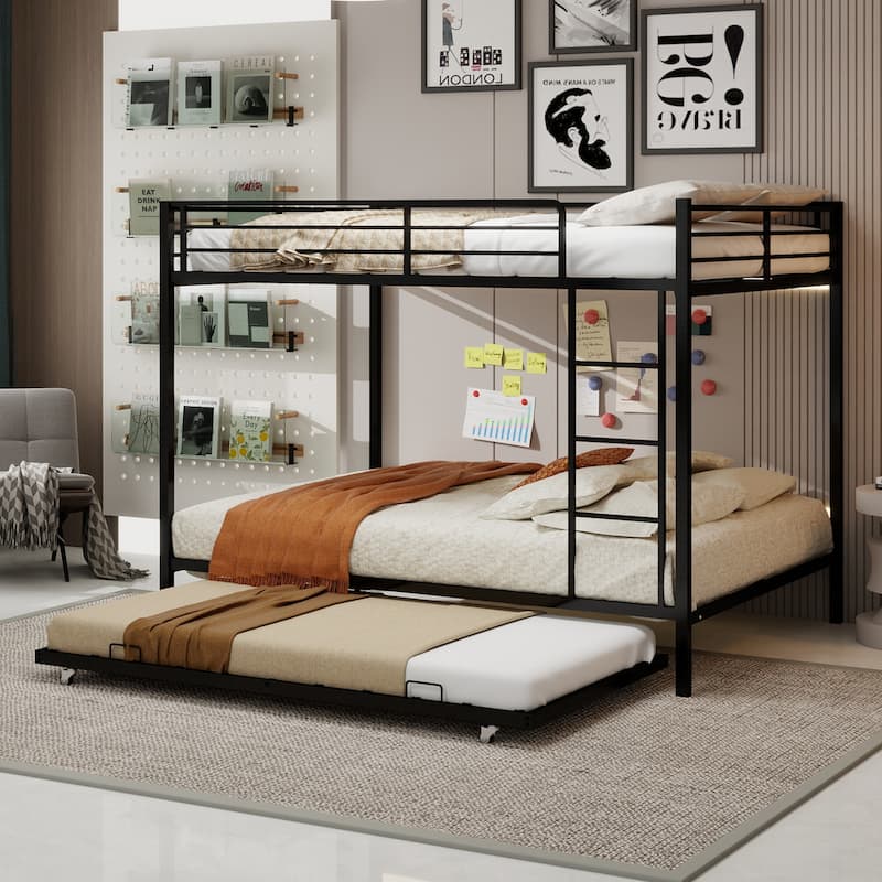 Metal Bunk Bed with Trundle and Safety Rails Modern Minimalist Design for Kids Guest or Shared Rooms - Black - Queen