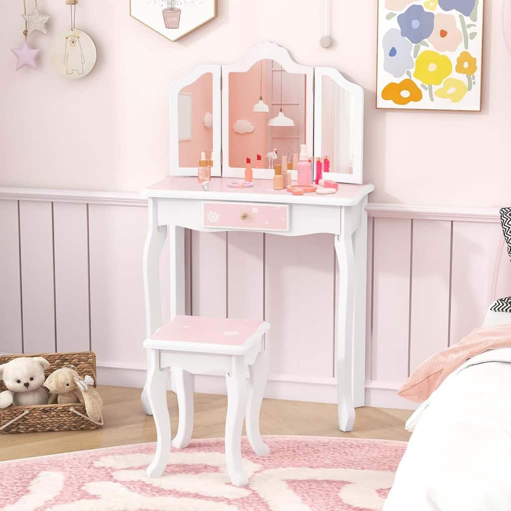 Pretend Play Kids Vanity Table＆Chair Set w/ Tri-Folding Mirror＆Stool
