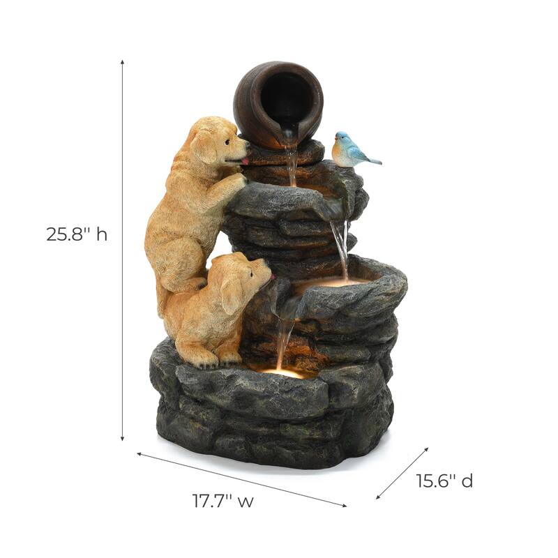 Puppy Rock Tower Farmhouse Resin Outdoor Fountain with Lights