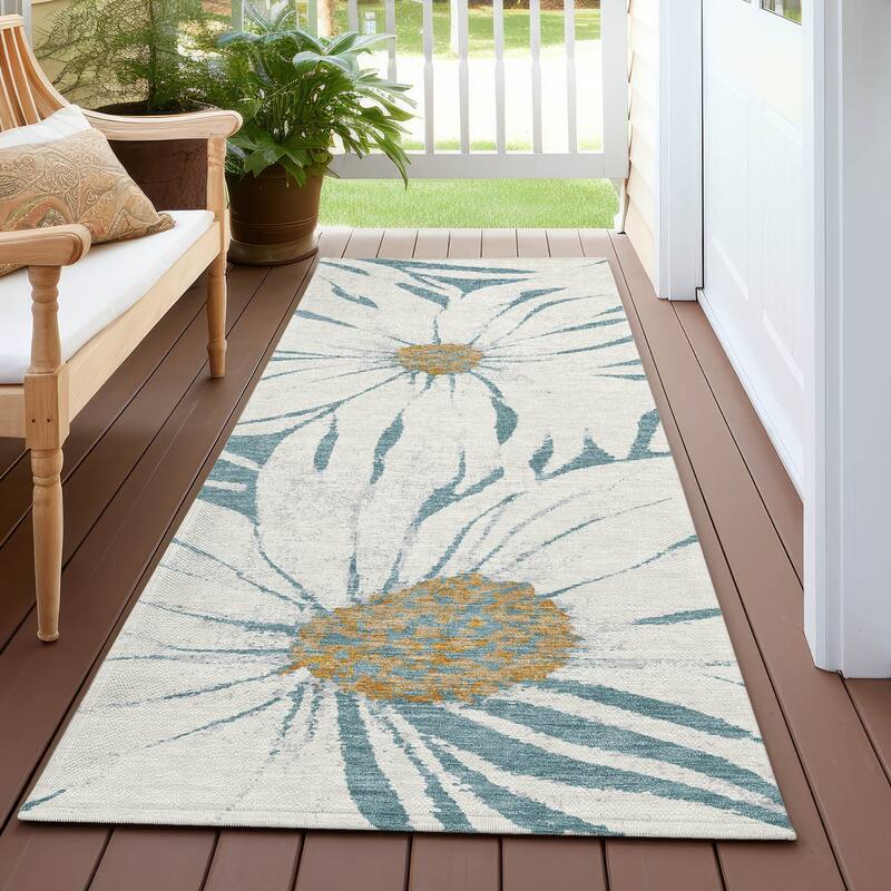 Machine Washable Indoor/ Outdoor Floral Chantille Rug - Teal - 2'3" x 7'6"