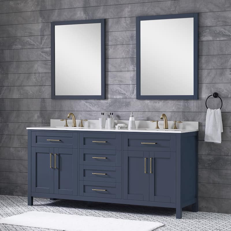 OVE Decors Tahoe 72 in Midnight Blue Double Sink Vanity with White Cultured Marble Top and Mirrors