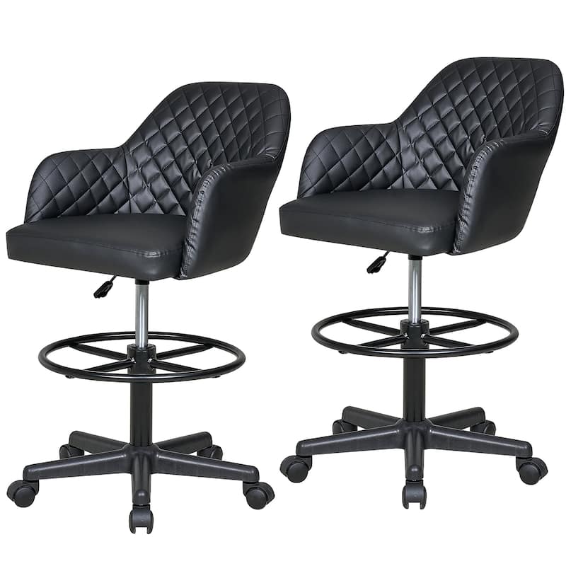 VECELO Contemporary PU Leather Drafting Chairs(Set of 2) Task Chair with Metal Frame and Back Home Ofiice Chairs - Black