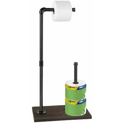 Free Standing Toiler Paper Stand with Rustic Wooden Base, Black