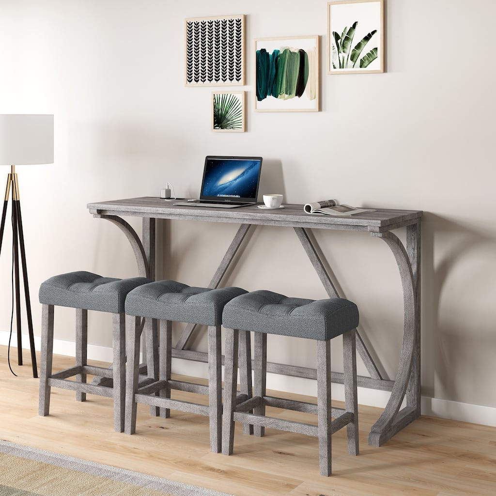 Bar Table Set with Power Outlet, Bar Table and Chairs Set, 4 Piece Dining Table Set, Industrial Breakfast Table Set