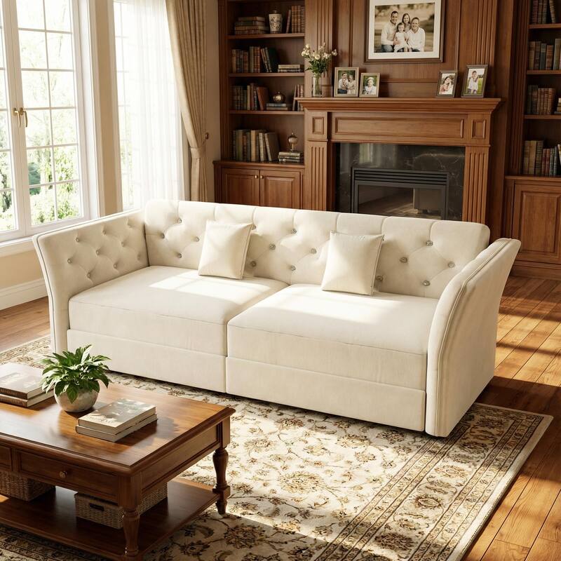 Homy Casa 100"/74" Oversize 4-Seater Convertible Pull Out Sofa Bed with Flower Tufted Velvet