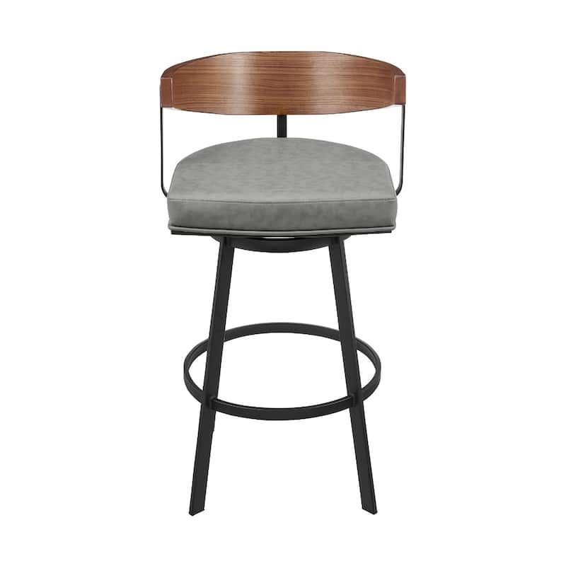 Gray Brown and Black Faux Leather and Iron Low Back Counter Height Swivel Bar Chair