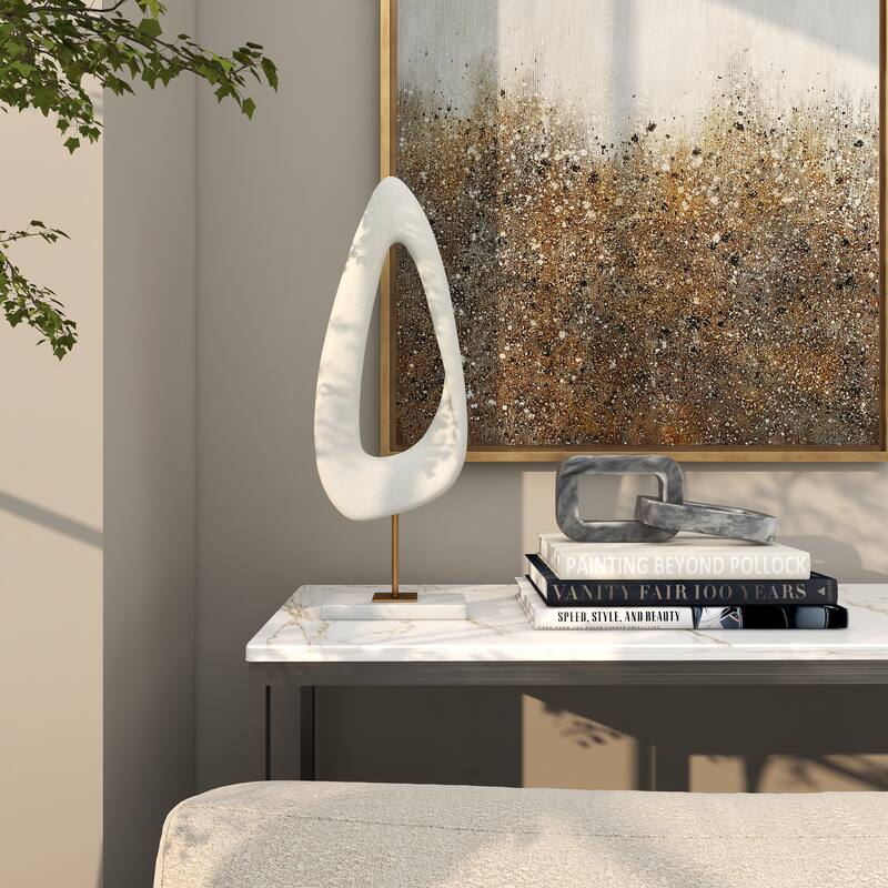 White Polystone Cut-Out Abstract Decorative Sculpture with Marble Stand