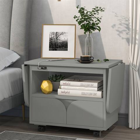 Merax Foldable Nightstand with 2 Drawers, USB Charging