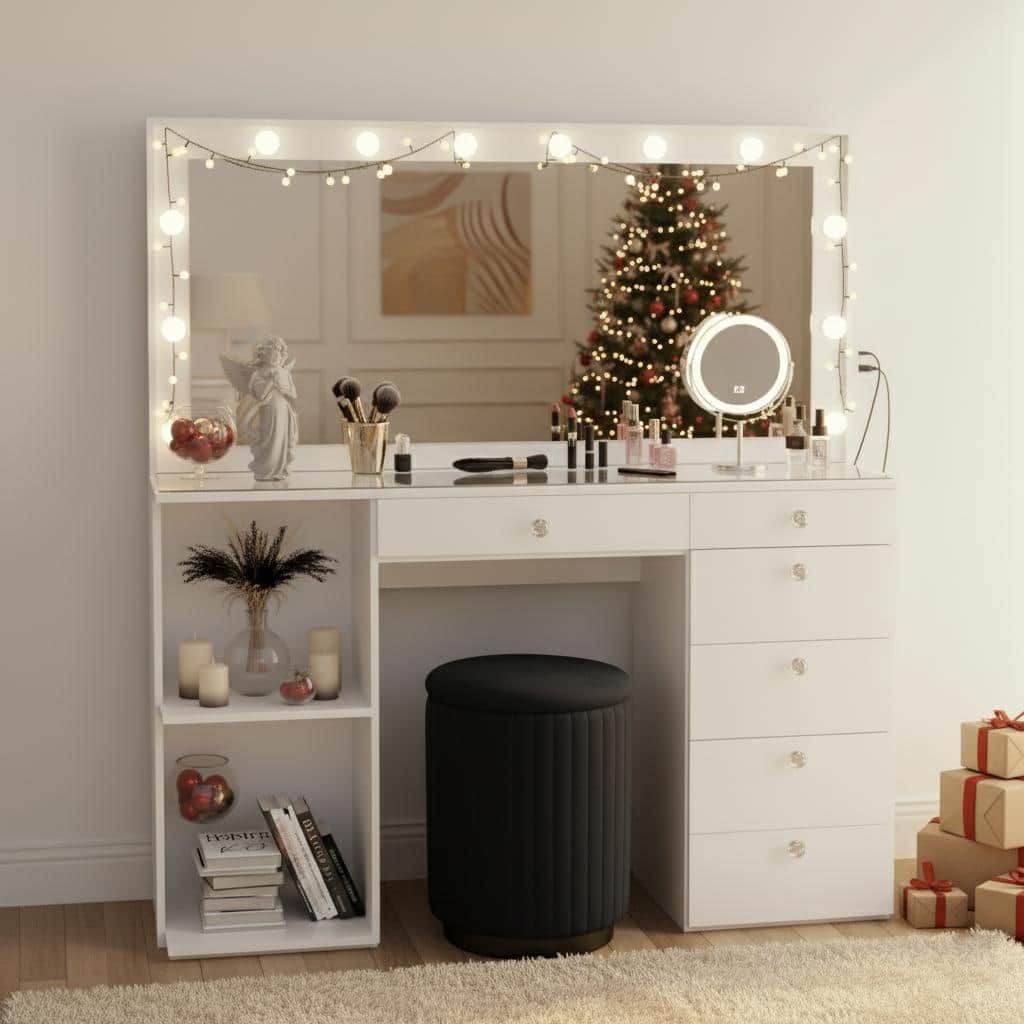 Makeup Vanity Desk w/ Free Black Storage Ottoman, 12 LED Bulbs Mirror, 6 Drawers, Glass Top, Crystal Knobs, USB, 110V Outlet