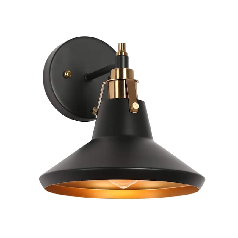 Modern 1-Light Black Gold Wall Sconce Industrial Metal Cone Shade Vanity Light Fixture for Bathroom - 8.5" L x 8.5" W x 9" H