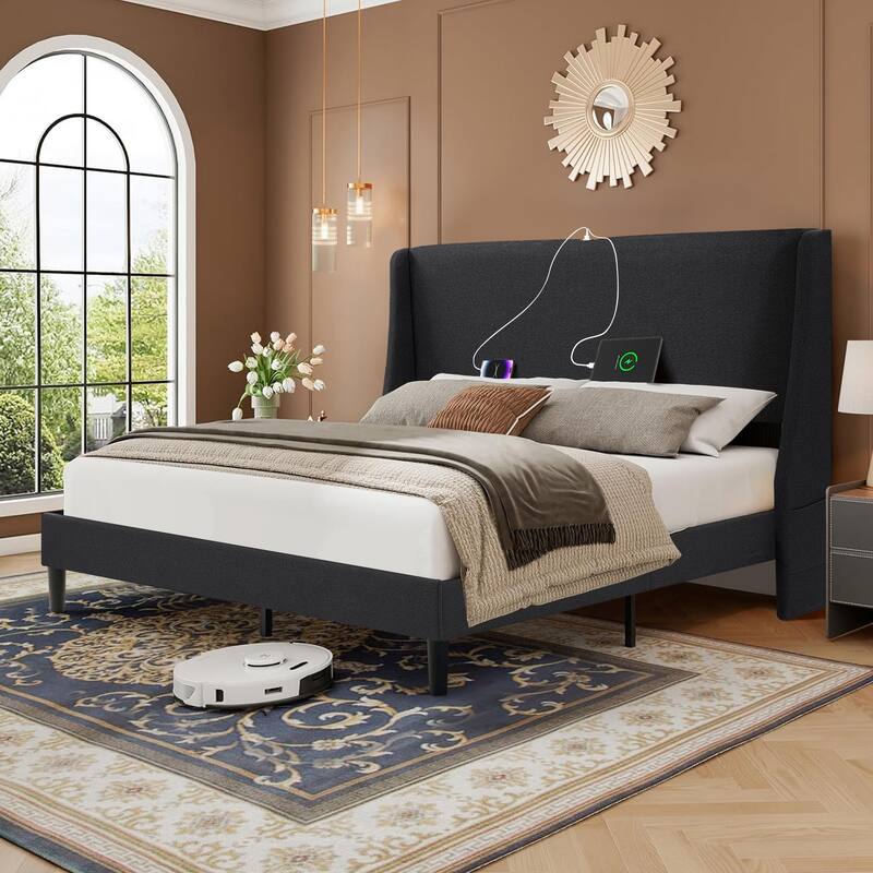 VECELO Bed Frame with Upholstered Wingback Headboard,Platform Bedframe with Charging Station & Side Pockets