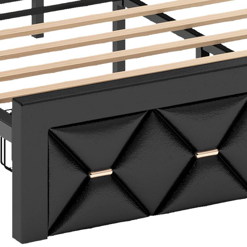 Black Farmhouse Bed Frame Upholstered Headboard Platform Bed with Charging Station