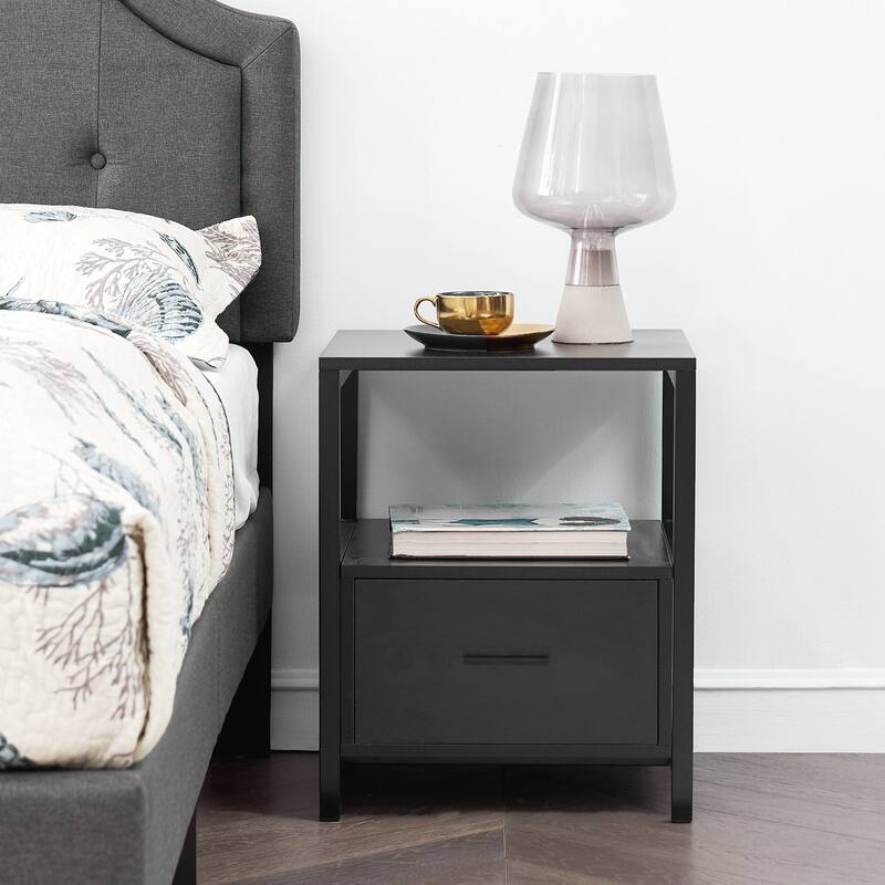 VECELO 1-Drawer Mid Century Modern Nightstand, Square Nightstand/Bedside Table/End Table