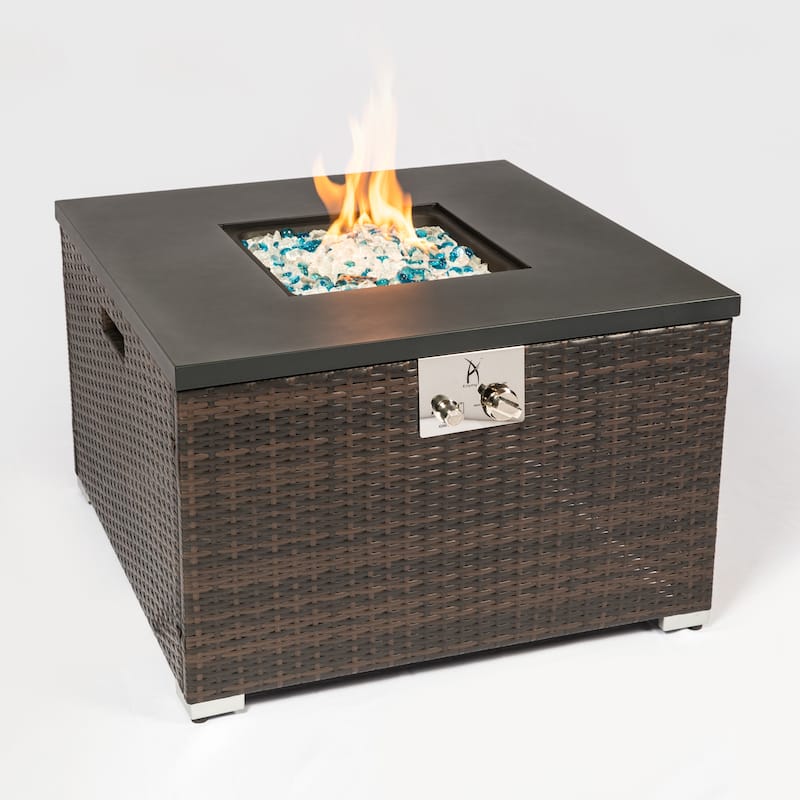 GDFStudio - Solana Outdoor Square Propane Fire Pit Table with Glass Rocks