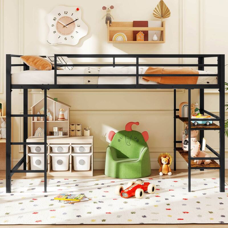 Costway Twin Size Low Loft Bed with Storage Shelves Ladder Full-length