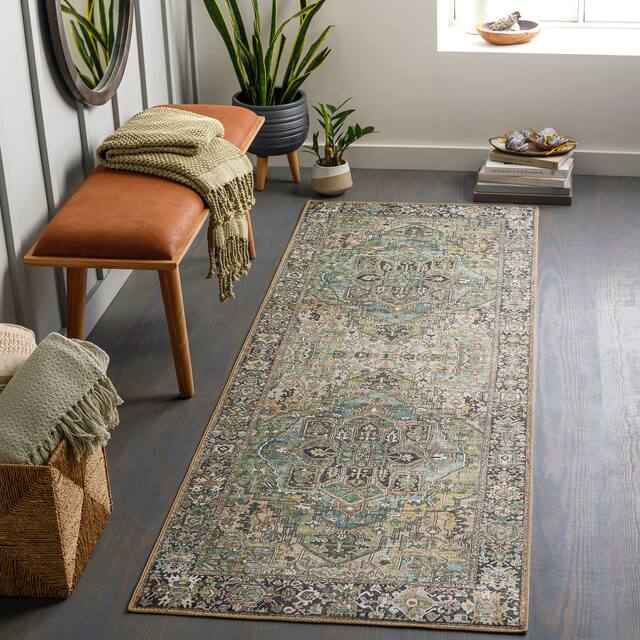 Adenia Vintage Medallion Printed Area Rug - 2'6" x 7'6" Runner - Green
