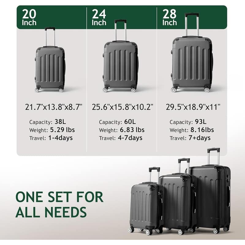 3 Piece Lightweight Luggage Set, Trunk Set Spinner Suitcase With TSA Lock 20" 24'' 28"