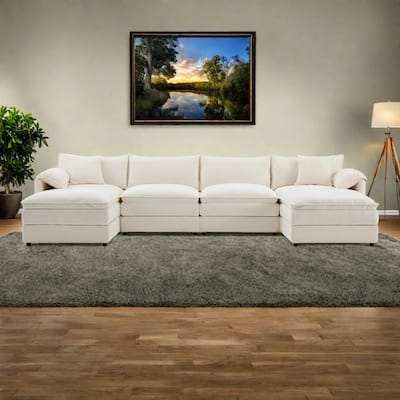 136" U-Shaped Chenille Sectional Sofa with 6-Seat Cloud Couch and Dual Ottomans & Pocket Springs (330lb Capacity)
