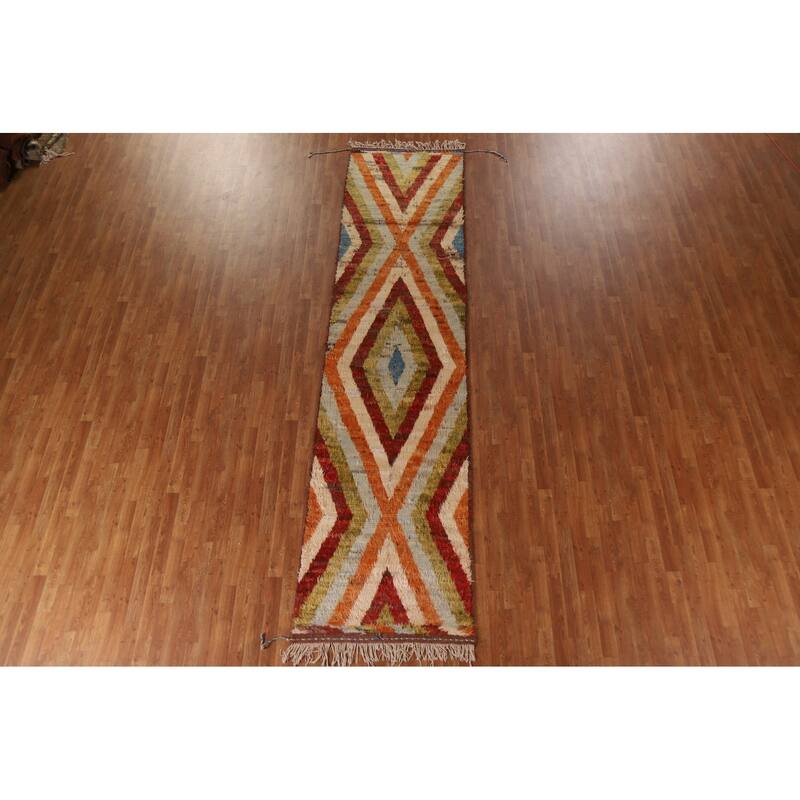 Hand Knotted Oriental 100% Wool Carpet Modern Geometric Multi-Colored Moroccan Runner Rug - 13' 3'' X 3' 2''