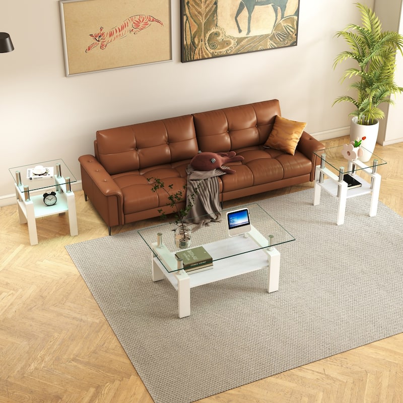 Set of 2 Modern Tempered Glass Tea Table,Tempered Glass Tabletop with MDF Layer,Coffee Table